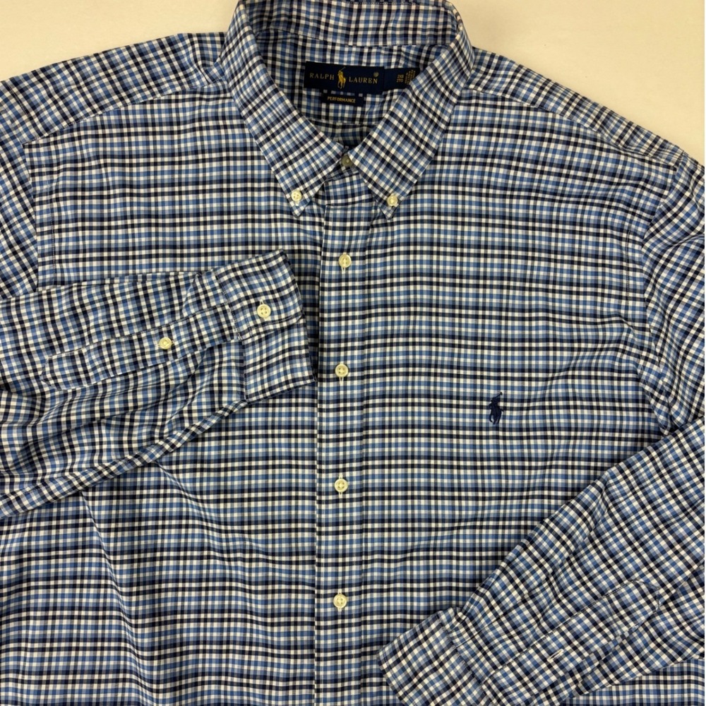 Ralph Lauren Performance Mens 2XB Blue Gingham Button Down Shirt Long‎ Sleeve